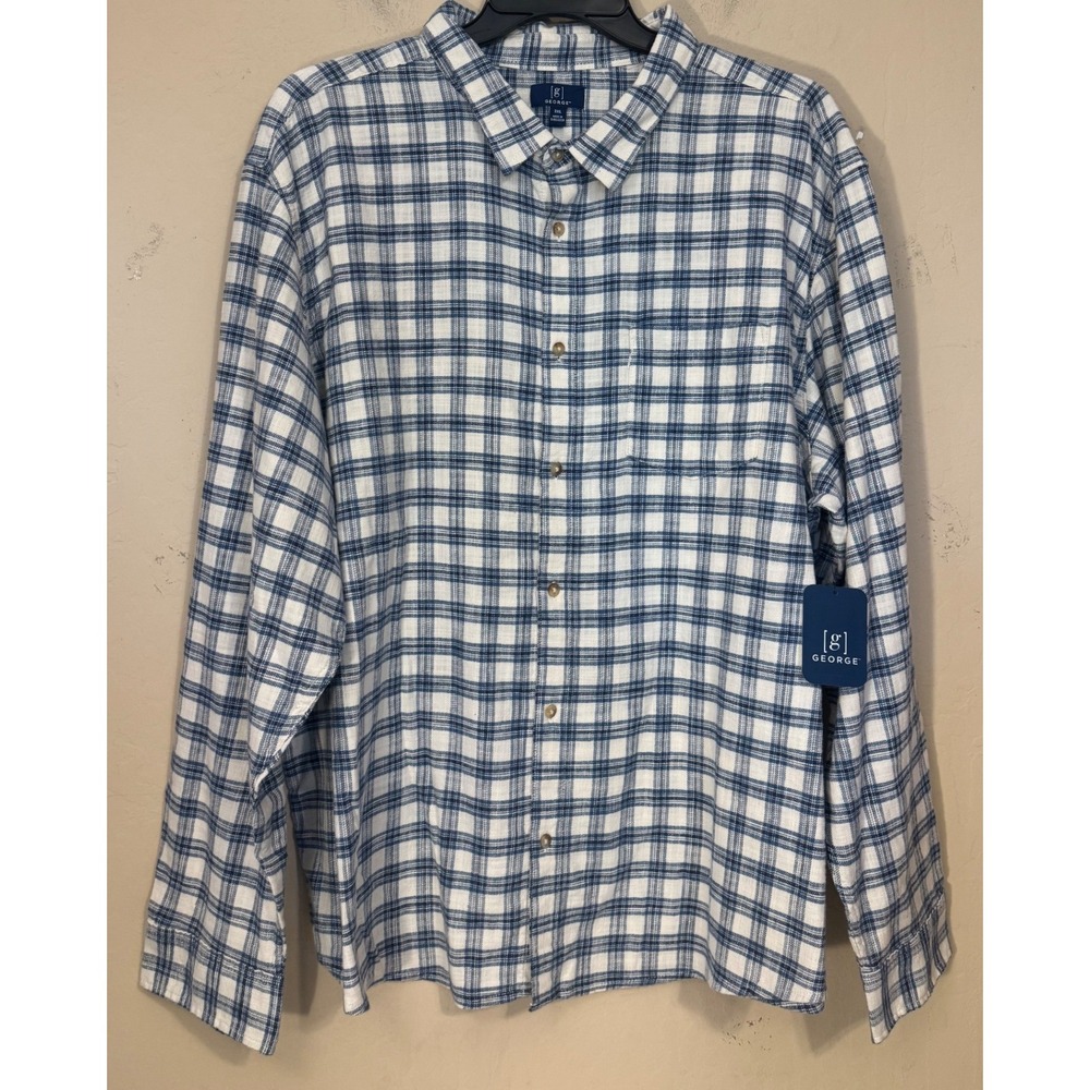 George Shirt Men 3XL Blue White Flannel Claw Check Plaid Long Sleeve Button NEW